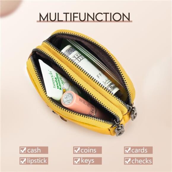 Women Leather Coin Purse A-Yellow - Picture 2 of 7